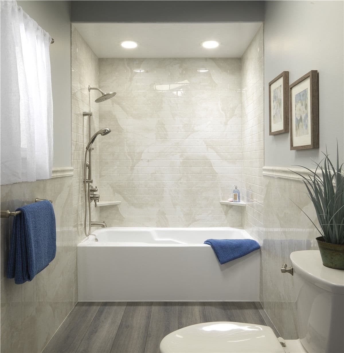 bathroom with blue towels
