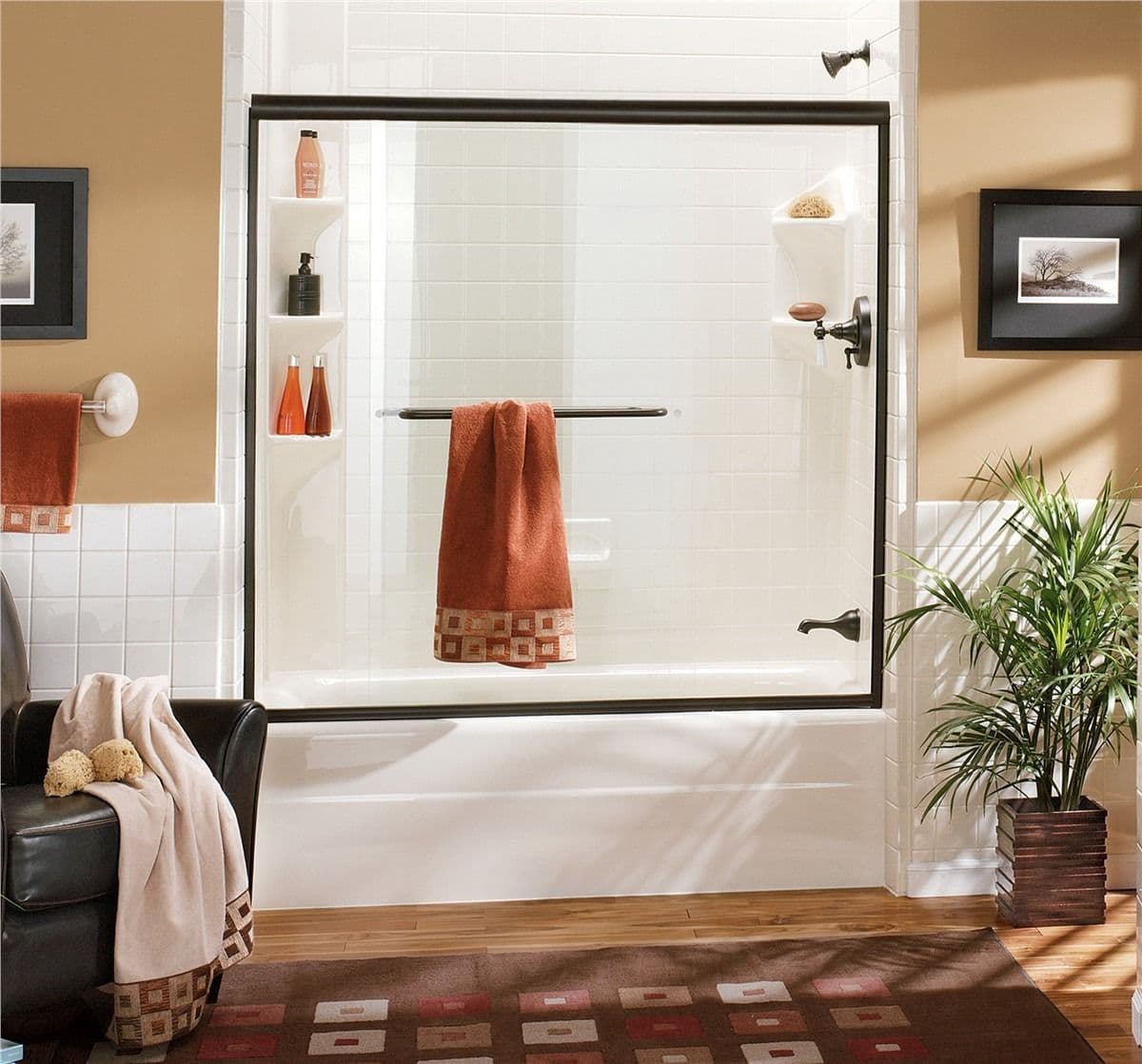 shower with red towel