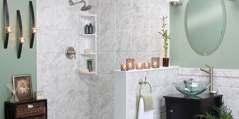 Bathroom with shower/bath view. White tiling and walling.