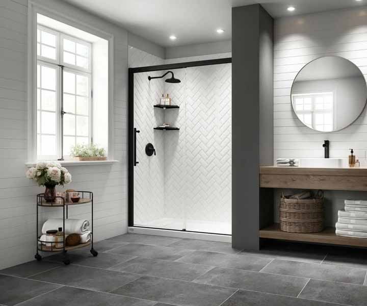 Woman at bathroom sink